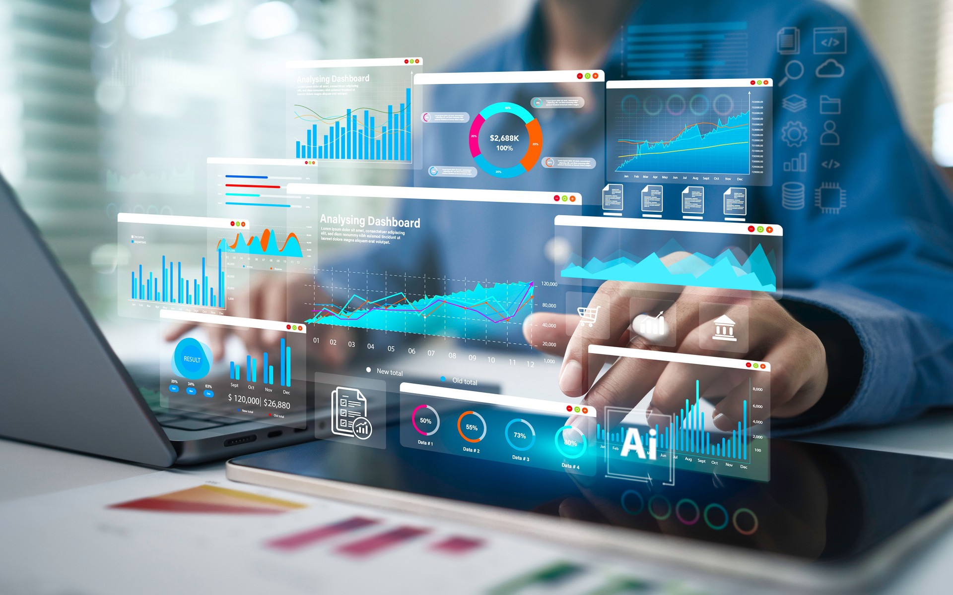 Businessman using laptop computer analyzing sales data, financial growth graph chart report. Data analysis with Ai technology. Business planning, strategy and development, Accounting. market research