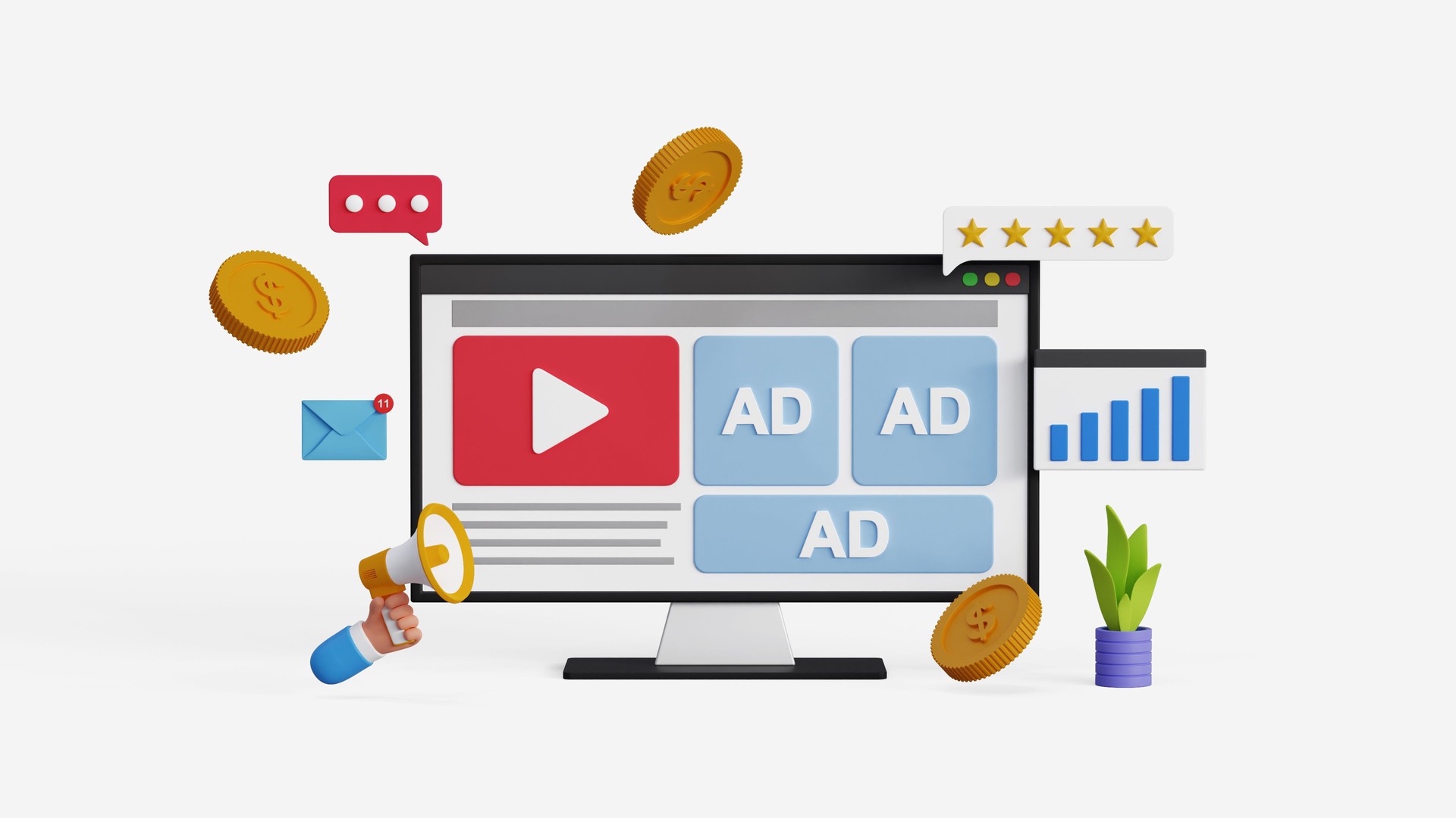 Online advertising on social media. PPC ad campaign. 3D digital marketing with programmatic social network advertising. Targeted inbound ad