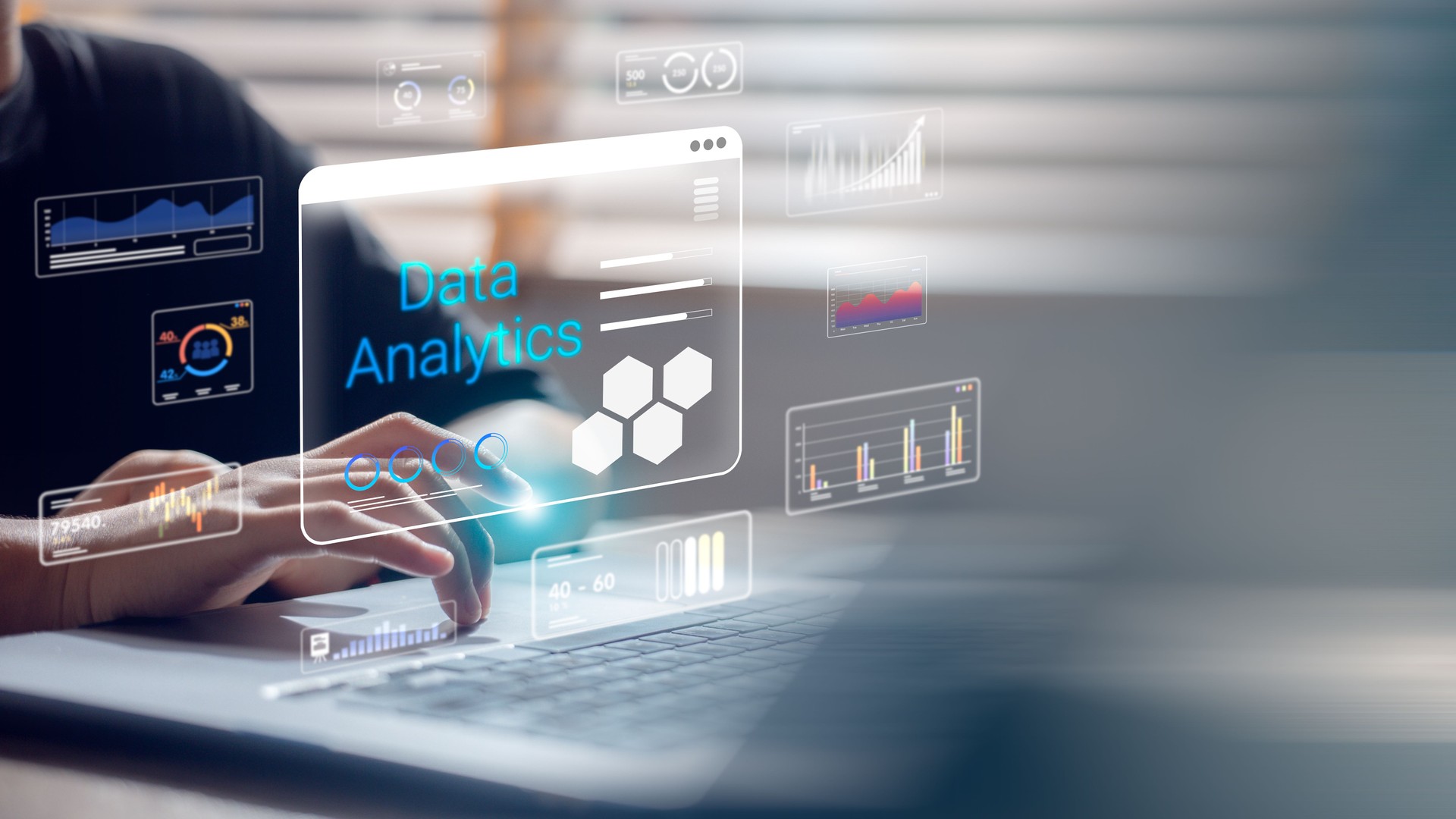 Data analytics and business intelligence dashboard with futuristic technology concept. Digital innovation showing big data visualization, performance charts, and smart solutions for modern business.