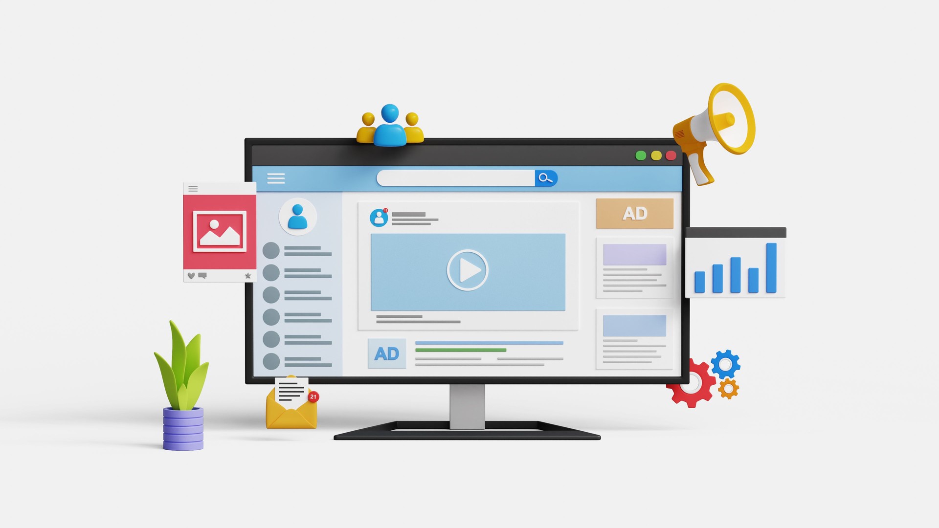 Social media marketing, promote brand, SEO, digital advertising, content marketing or online campaign concept. 3D social media page on computer with marketing icons