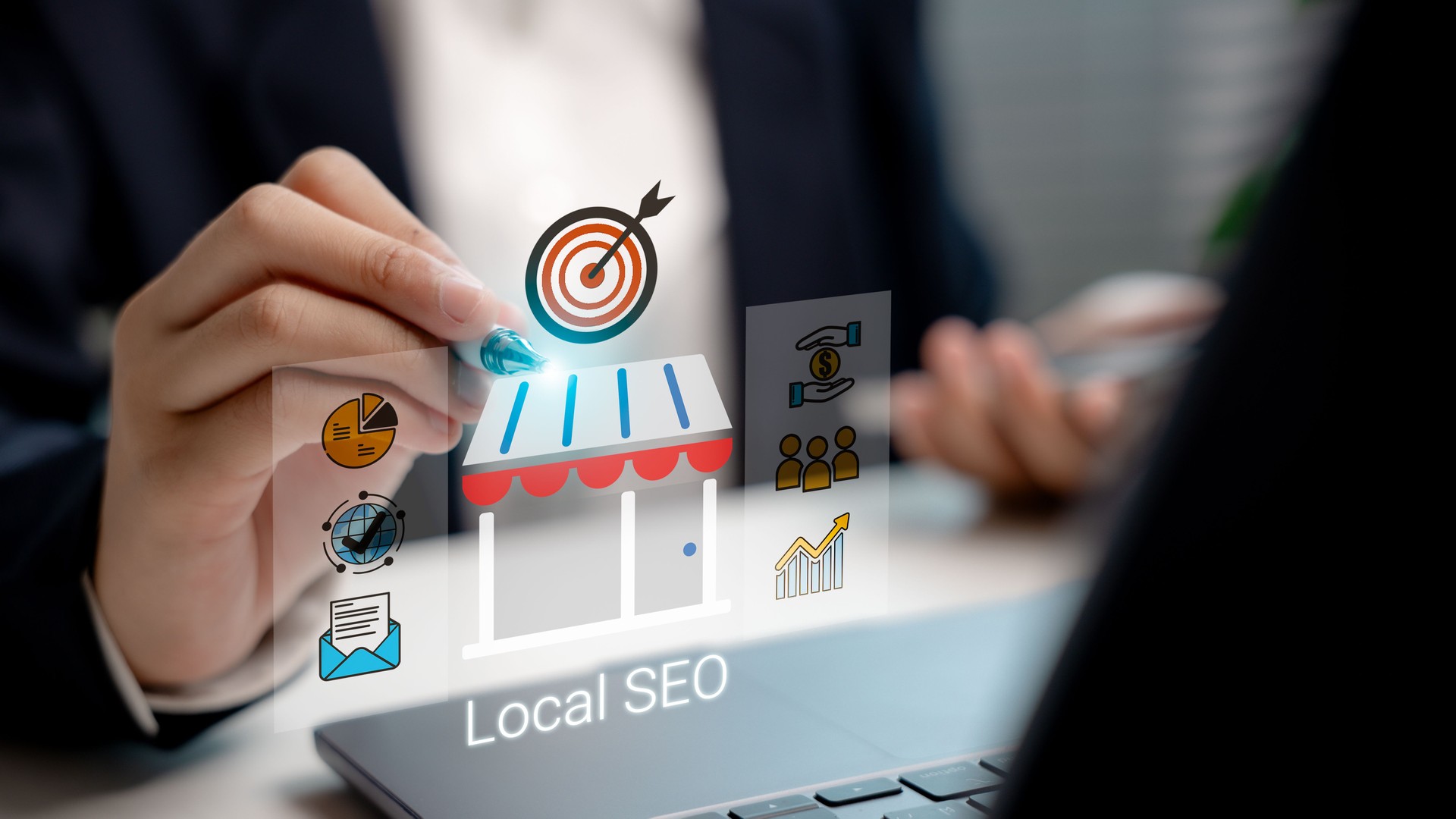 Businessman using stylus on virtual interface with local SEO icon and storefront graphic. Concept of local search optimization, small business marketing, and online visibility.